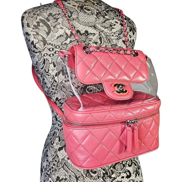 CHANEL Quilted Crumpled Leather Clear Backpack Handbag Pink Chain Zip Around CC - Picture 11 of 16
